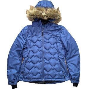 Iceburg Womens Down Puffer Jacket Blue Faux Fur Hood Winter Coat Size L